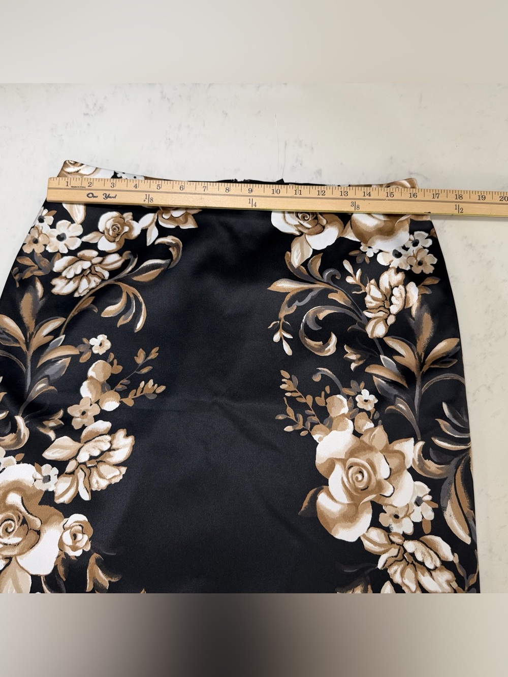 White House Black Market Black Satin Mini Skirt with Beige Floral Print - Picture 15 of 16